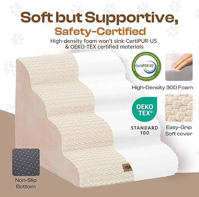 Extra Wide 4-Step Dog Stairs for Bed & Couch up to 20" H, More Stable Non-Slip Cat Steps with Balanced Foam Structure, Stylish Indoor Dog Steps for Senior Dogs and Cats, Beige
