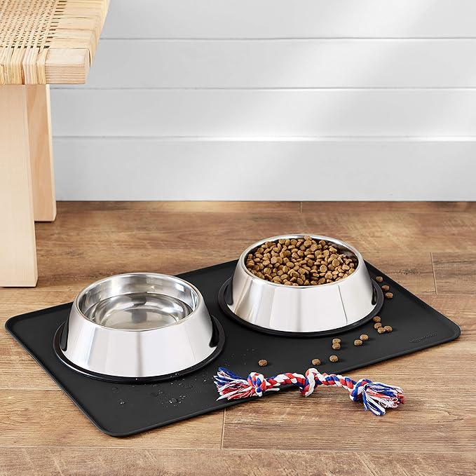 Amazon Basics Waterproof Non-Slip Silicone Pet Feeding Mat with Raised Edges, Prevents Spills, Easy to Clean, Protects Floors for Cat & Dog Food and Water Bowls, 24 x 16 Inches, Black