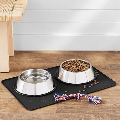 Amazon Basics Waterproof Non-Slip Silicone Pet Feeding Mat with Raised Edges, Prevents Spills, Easy to Clean, Protects Floors for Cat & Dog Food and Water Bowls, 24 x 16 Inches, Black