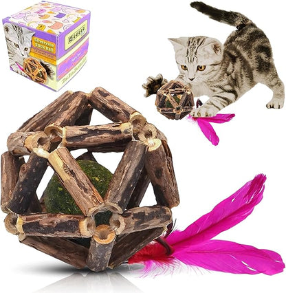 Natural Silvervine Catnip Ball, Feather and Bell Attached, for Indoor Cats, Cleaning Teeth Matatabi Cat Chew Toy. All Kitten Breeds.