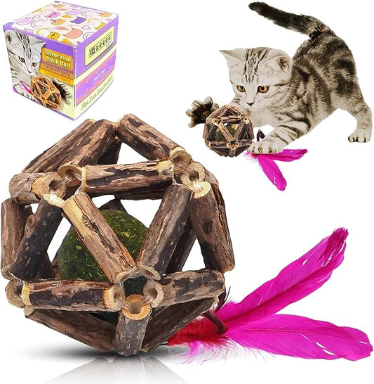 Natural Silvervine Catnip Ball, Feather and Bell Attached, for Indoor Cats, Cleaning Teeth Matatabi Cat Chew Toy. All Kitten Breeds.