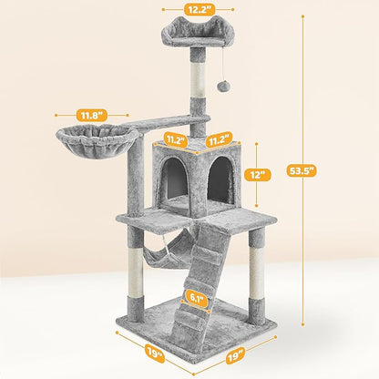Yaheetech | 54in Cat Tree | Multi-Level Cat Tower w/Spacious Perch, Cozy Condo and Hammock, 3 Scratching Posts, Interactive Toy | Sturdy Pet Furniture | for Indoor Kittens to Large Cats | Light Gray