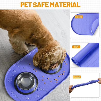 Hubulk 100% Waterproof Silicone Pet Feeding Mat with Raised Edge for Food and Water, Dog Bowl Mats, Cat Bowls Placemat with High Lip Protects Floor for Cats and Dogs (Purple, 16" L x 10" W)