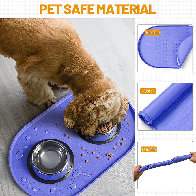 Hubulk 100% Waterproof Silicone Pet Feeding Mat with Raised Edge for Food and Water, Dog Bowl Mats, Cat Bowls Placemat with High Lip Protects Floor for Cats and Dogs (Purple, 19" L x 12" W)