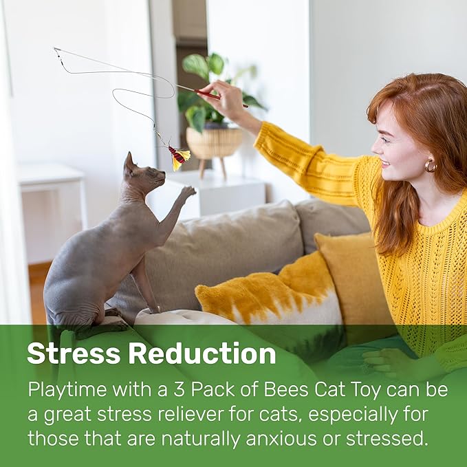 2 Inch Handmade Cat Toy Teaser Wand Refill Bees - 3 Pack Green, Red, and Yellow Natural Material Toys, Hunting Instinct Play, Interactive Exercise Attachment Set for Indoor Cats