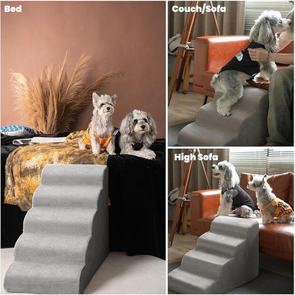 MEWANG Dog Stairs for Small & Medium Dogs and Old Cats –3/4/ 5 Steps High-Density Foam Pet Ramp for Bed & Couch, Non-Slip, Washable Cover, Grey (Round Corner, 4 Steps: 23.94''L×14.96''W×18.27''H)