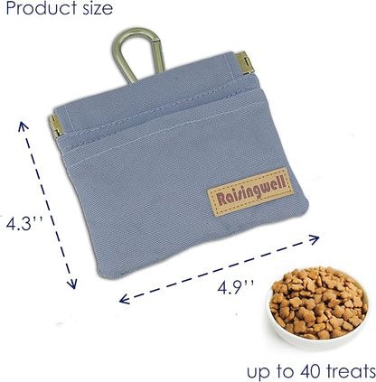 Raisingwell Dog Treat Pouch, Small Cotton Pocket Sized Training Holder, Hand Free Walking Fanny Bag with Carabiner, Self-Closing Pet Feed Snack Reward, Behavior Aids for Puppy Travel or Outdoor (Grey)
