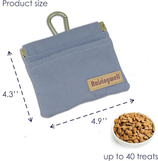 Raisingwell Dog Treat Pouch, Small Cotton Pocket Sized Training Holder, Hand Free Walking Fanny Bag with Carabiner, Self-Closing Pet Feed Snack Reward, Behavior Aids for Puppy Travel or Outdoor (Grey)