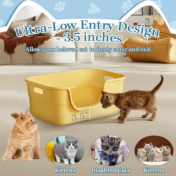 Low Entry Kitty Litter Box for Small Cats, Kittens Litter Boxes with High Sides, Open Top, Anti-Splash Plastic Litter Pan for Medium Pets, Easy to Clean, 16.5" L*11.8" W*7" H (Yellow)