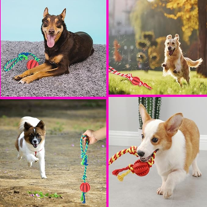 Interactive Dog Chew Toys Crate Training Aids for Puppies, Puzzle Treat Dispenser with Rope Dogs Toy Ball Reduce Stress Anxiety Peanut Butter Dog Food Treat Dispenser Toys (Red)