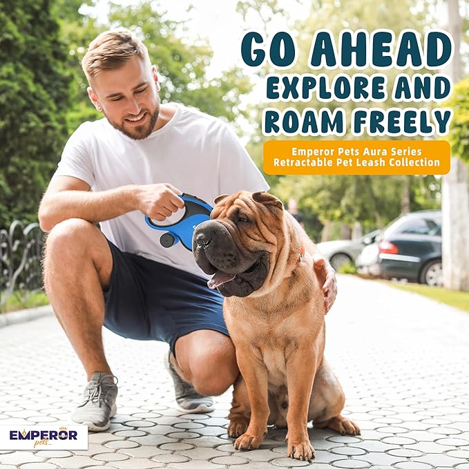 Emperor Pets 16 ft Retractable Dog Leash Blue - Heavy Duty Retractable Pet Leash with Anti-Slip Grip for Medium to Large Dogs up to 110 lbs -Aura BL16