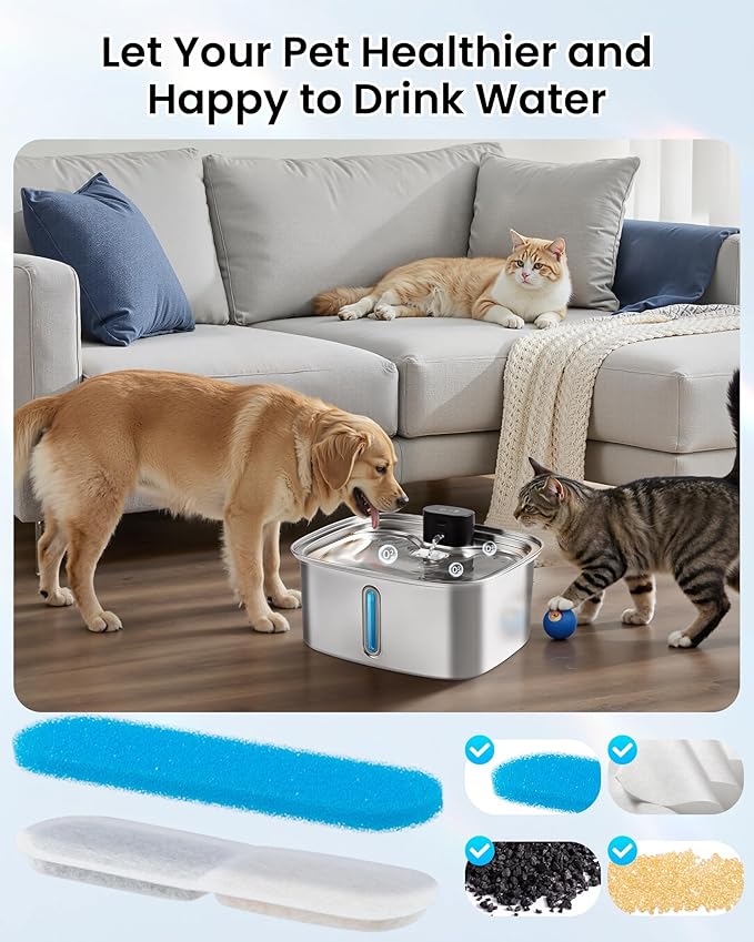 10L Pet Water Fountain Filters, Stainless Steel Dog Cat Dispenser with Wi-Fi, 2.64 Gallon Automatic Filtered Water Bowl Using Filter, 8 Filters and Sponges