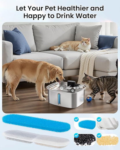 10L Pet Water Fountain Filters, Stainless Steel Dog Cat Dispenser with Wi-Fi, 2.64 Gallon Automatic Filtered Water Bowl Using Filter, 8 Filters and Sponges