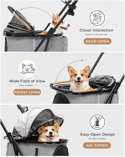 GTPLAYER 3 in 1 Pet Stroller with Removable Carrier, Foldable Stroller for Small/Medium Dogs and Cats, All-Terrain, with Sun Shades, Car Seat, Up to 45 lbs, Grey