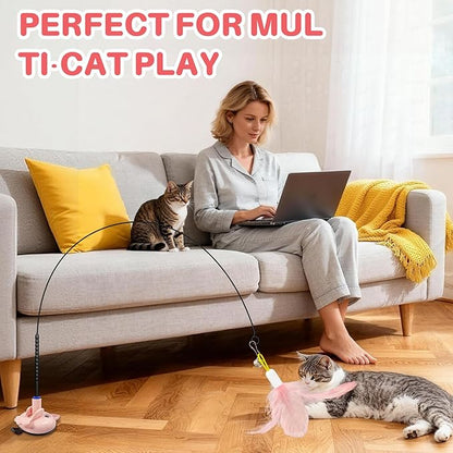 Walfront Indoor Interactive Cat Toy Wand with 4PCS Feather Attachments & Suction Base - 2 Play Modes, Solo Play & Owner Interaction, Boost Jumping & Hunting Skills, Fun & Engaging for Cats