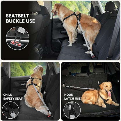 Pawaboo 2Pack Dog Seatbelt for Car, 3-in-1 Dog Car Seat Belt, Shockproof Dogs Tether with Buckle & Hook Latch, Adjustable Reflective Dogs Cars Harness Leash with 360° Lockable Buckle, Gray & Black