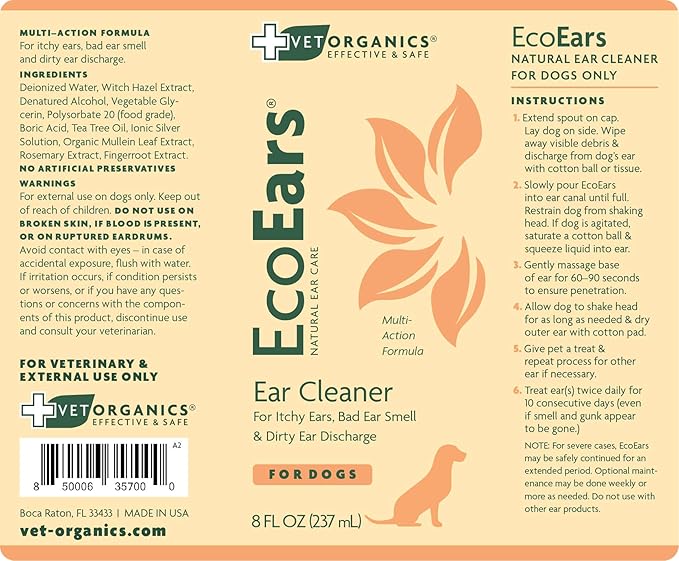 EcoEars Dog Ear Cleaner – Natural Multi-Action Formula for Ear Infection, Bad Discharge & Odor – Removes Foreign Matter & Cleans Difficult Ears - 8fl oz.