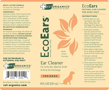 EcoEars Dog Ear Cleaner – Natural Multi-Action Formula for Ear Infection, Bad Discharge & Odor – Removes Foreign Matter & Cleans Difficult Ears - 8fl oz.