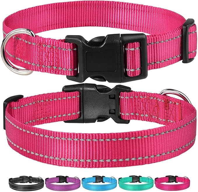 Reflective Dog Collar with Buckle Adjustable Safety Nylon Collars for Small Medium Large Dogs, Hotpink XS