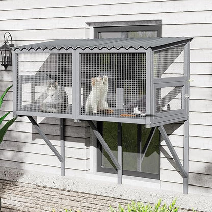 MAGIC UNION Cat Catio, Cat Window Perch for Large Indoor Cats - Expandable Wooden Windows Box Enclosure, Waterproof Window Hammock for Enjoying The Outdoor Sights (Grey, 82.6" L)