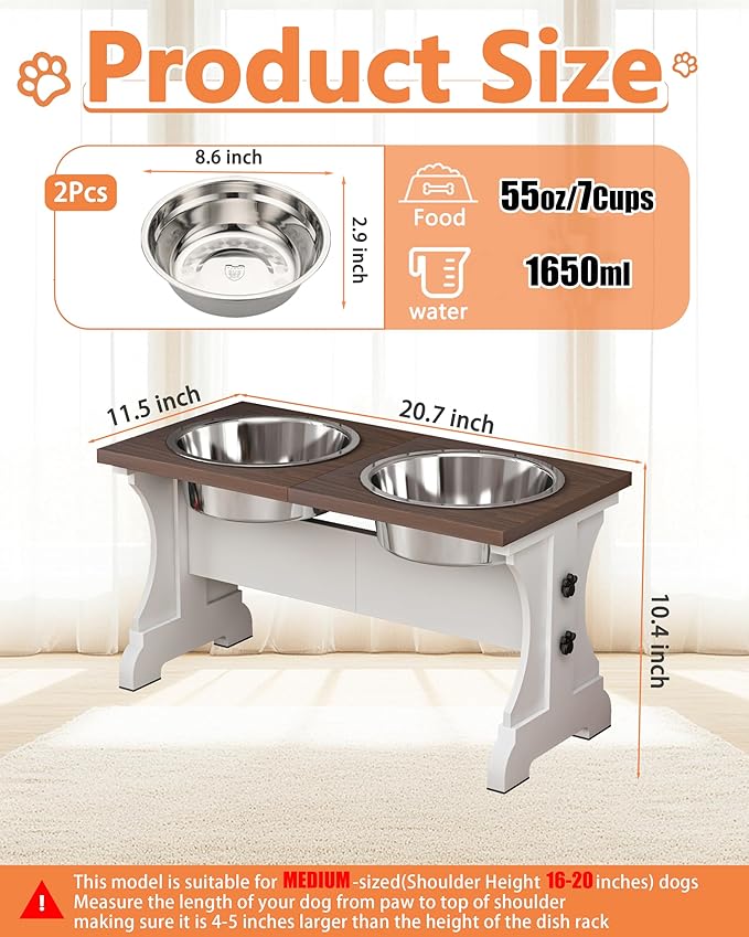 Piskyet Elevated Dog Bowls,Farmhouse Dog Bowls Stand, Raised Dog Bowl with 2 Stainless Steel Wooden Dogs Bowls,7 Cups 11''H_55 oz Bowl-Farmhouse Style