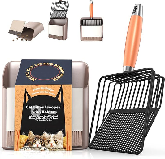 Heavy Duty Metal Cat Litter Scoop with Holder - Broom and Dustpan Set - Quick-Sifting Mesh for Clump-Free Cleaning, Compatible with Most Litter Types