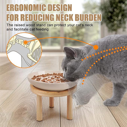 Elevated Slow Feeder Cat Bowls, Ceramic Cat Slow Feeder Bowl with Bamboo Stand, 5.9 Inch Wide Shallow Cats Bowl Whisker Friendly, Anti Vomiting Puzzle Feeder for Dry or Wet Food Dishwasher Safe