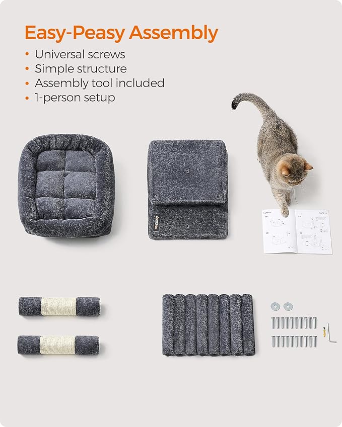 Feandrea Cat Tree, 26.4-Inch Cat Tower, Plush Condo for Kittens up to 7 lb, Large Perch, 2 Caves, Scratching Post, Smoky Gray UPCT611G01