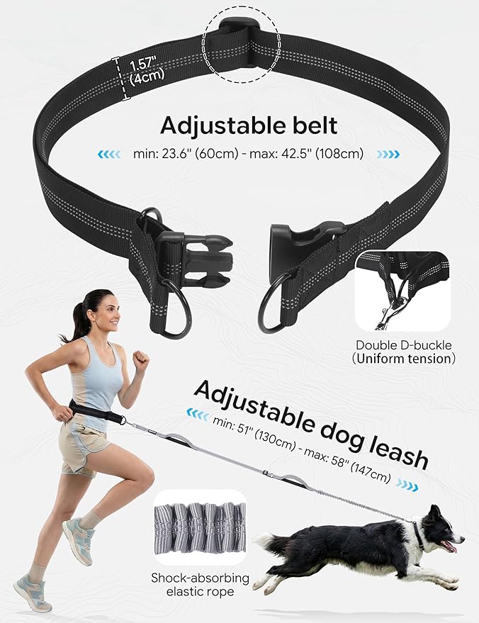 Dog Leash Hands Free, Walking Waist Belt with Pouch Removable & Multifunctional|Shock Absorbing Bungee| Thickened Lumbar pad & Comfortable Dual Handles|Dog Running and Training,for 33-120lbs Dogs