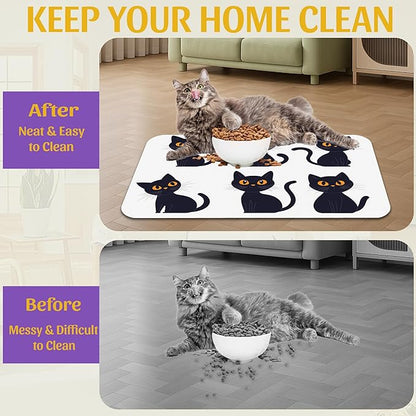 Cute Black Cats Pet Feeding Mat, Absorbent Dog and Cat Bowl Pad, Fast Dry, Non-Slip Back – 12x20 Inch