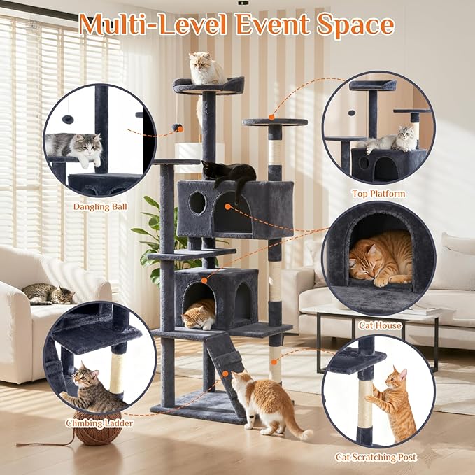 DUMOS 62-inch Indoor Cat Tree Tower –Multi-Level Pet House for Large Cats with 2 Condos, Scratching Posts, Round Platform, Small Ladder, and Toys, Grey