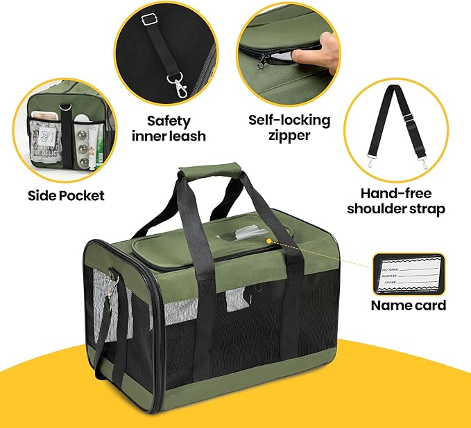 Cat Carrier Airline Approved, Soft-Sided Dog Carrier with Inner Safety Leash, Pet Transport Carrier for Small-Medium Cats Puppies up to 15 Lbs, Collapsible Travel Kitten Carrier Bag -Green M