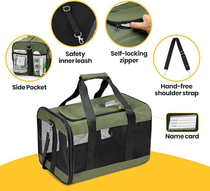 Dog Carrier Soft Sided, Large Cat Carrier with Inner Safety Leash, Pet Transport Carrier for Large Cats and Medium Dogs up to 20 Lbs, Collapsible Travel Puppy Carrier Bag -Green L