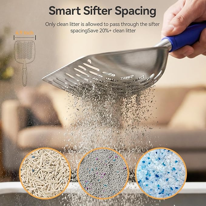 Cat Litter Scoop, Metal Scooper for Cat Box, Aluminum Alloy Sifter, Deep Shovel Poop Cleaner, Long Handle Ergonomic Grip, Rustproof Waterproof Construction, Design for Litter Box Cleaning