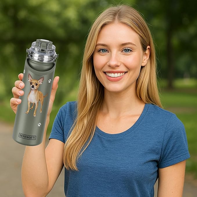 E&S Pets SERENGETI 24 Oz Water Bottle Stainless Steel with Spill Proof Lid - Double walled Vacuum Insulated water flask - Realistic 3D Print of your favorite dog (Chihuahua tan)