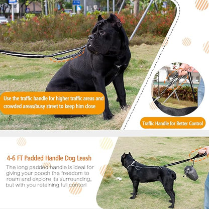 Fashion&Cool Heavy Duty Dog Leash Especially Large Dogs Up to 150lbs, 4-6 Ft Reflective Dog Walking Training Shock Absorbing Bungee Leash Car Seat Belt Buckle, 2 Padded Traffic Handle Extra Control