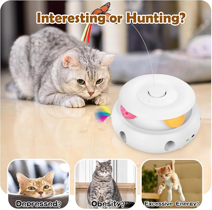 Cat Toys, 3-in-1 Interactive Cat Toy for Indoor Cats, Rechargeable Automatic Kitten Toy with Fluttering Butterfly, Moving Feather, Smart Sensor 6 Holes Whack-A-Mole & Track Balls (White)