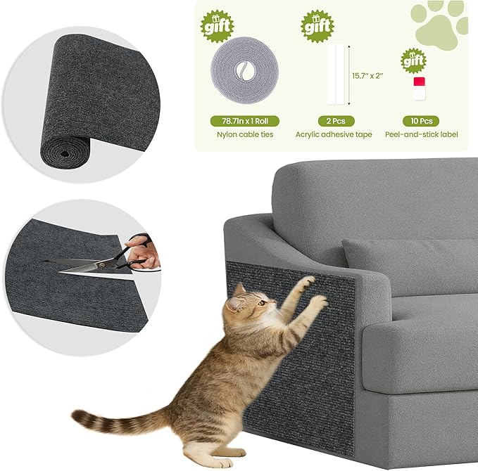 Cat Scratch Couch Furniture Protector, 78.7" x 15.8" Cat Scratcher Pad Deterrent from Cats Claws Scratching, DIY Sisal Carpet Cat Proof Couch Cover Replacement for Indoor Sofa, Wall, Door, Dark Grey