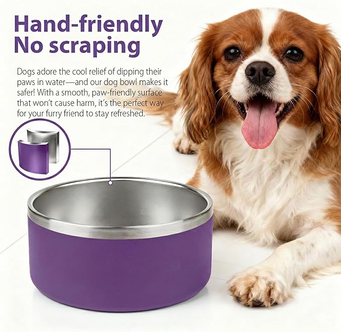 Dog Bowl, Stainless Steel Dog Bowls for Food and Water, Metal Pet Feeding Bowl with Insulated Non-Slip Quiet Bottom, Easy to Clean, Dishwasher Safe, 32oz,4 Cup | Purple
