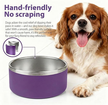 Dog Bowl, Stainless Steel Dog Bowls for Food and Water, Metal Pet Feeding Bowl with Insulated Non-Slip Quiet Bottom, Easy to Clean, Dishwasher Safe, 32oz,4 Cup | Purple