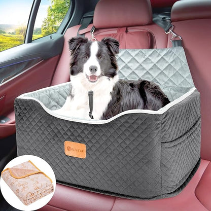 AlfaTok Memory Foam Booster Dog Car Seat for Medium Dogs (Under 45LBS): Elevated, Detachable Washable, Anti-Slip, for Car Back Seat, Travel Pet Bed with Seat Belt