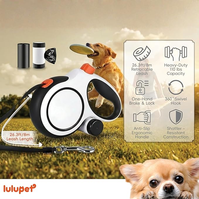 26Ft Heavy Duty Retractable Dog Leash with Dispenser and Poop Bags, for Small, Medium & Large Dogs Up to 110Lbs, 360° Tangle-Free Design and a Durable Chrome Plated Hook