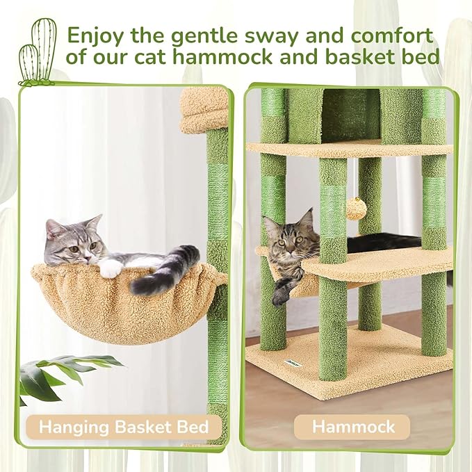 Globlazer Cactus Corner Cat Tree Tower with Scratching Post for Indoor Cats, 51in Multi-Level Cat Condo Tower with Large Hammock, Fan-Shaped Padded Perch, Spacious Cat Cave, Hanging Basket, C51, Green