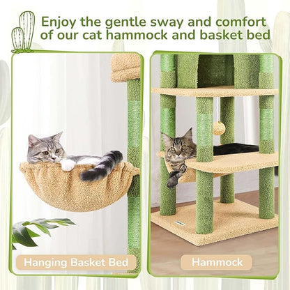 Globlazer Cactus Corner Cat Tree Tower with Scratching Post for Indoor Cats, 51in Multi-Level Cat Condo Tower with Large Hammock, Fan-Shaped Padded Perch, Spacious Cat Cave, Hanging Basket, C51, Green