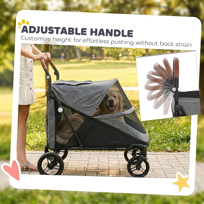 PawHut Dog Stroller for Large Dogs, One-Click Folding 4 Wheel Large Pet Stroller Wagon for Multiple Pets, All Terrain Spring Suspension w/ 8-Position Adjustable Handle, Mesh Window, Up to 66 LBS, Gray