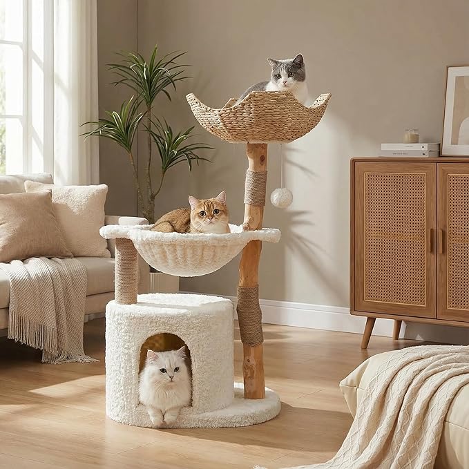 Modern Cat Tree for Large Cats, Wood Cat Tower for Indoor Cats, Real Branch Luxury Cat Furniture with Super Large Cozy Condo and Hammock & Scratching Post, Top Basket, White