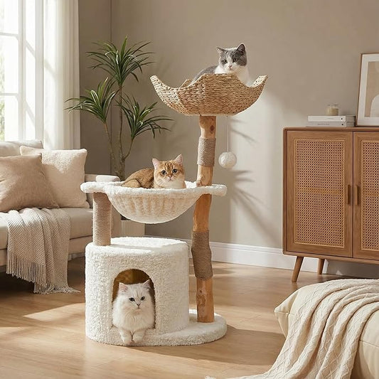 Modern Cat Tree for Large Cats, Wood Cat Tower for Indoor Cats, Real Branch Luxury Cat Furniture with Super Large Cozy Condo and Hammock & Scratching Post, Top Basket, White