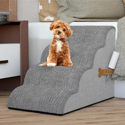 PAWZY Dog Stairs for Bed & Couch, 4-Step Foam Pet Steps 20” High for Small Dogs & Cats up to 60 lbs, Wide Non-Slip Stairs, Waterproof Washable Zipper Cover, No Assembly, Grey