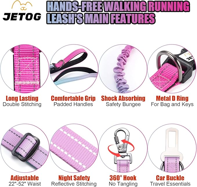 Heavy Duty Hands Free Dog Leash, 5-7 FT Reflective Adjustable Waist Dog Leash Belt with Padded Handles, Shock Absorbing Bungee and Car Seat Belt for Large Medium Dogs (Gradient Pink, XL)