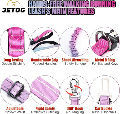 Heavy Duty Hands Free Dog Leash, 5-7 FT Reflective Adjustable Waist Dog Leash Belt with Padded Handles, Shock Absorbing Bungee and Car Seat Belt for Large Medium Dogs (Gradient Pink, XL)